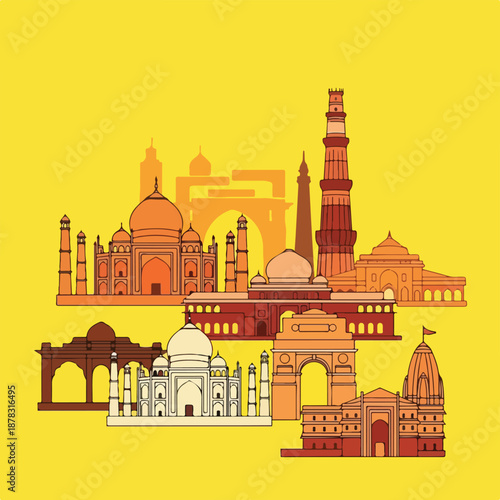 A vibrant digital illustration of Indian monuments