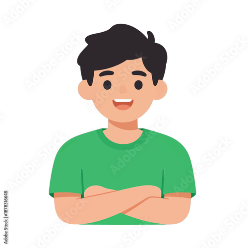 Young boy smiling with arms crossed.