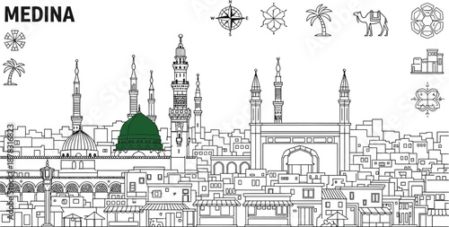 Medina cityscape with mosque and palm trees in Saudi Arabia