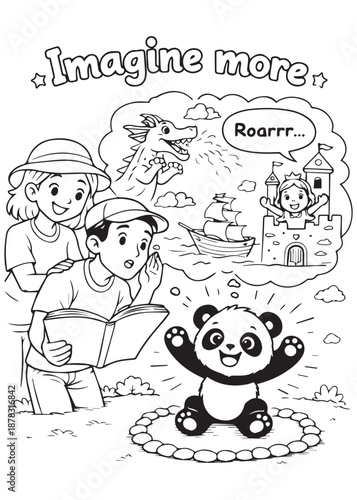 coloring book parent reading while a child imagines a story with a cute panda, creative thinking activity in black and white line art for children
