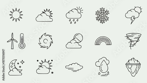 Collection of weather icons in a simple line art style.