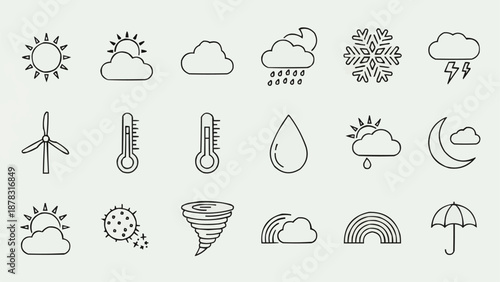 Collection of weather icons and symbols for forecasting and meteorology.