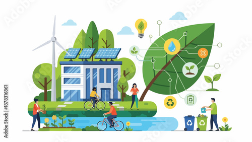 A vibrant eco-friendly scene with people, renewable energy sources, and recycling