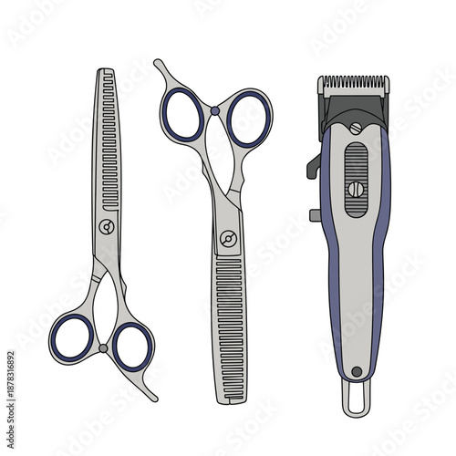 Professional collection of essential hairdressing tools, featuring two stylish scissors and a modern electric hair clipper, isolated on a clean white background.