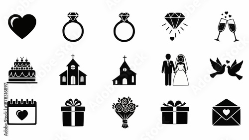 Collection of wedding icons and symbols for celebration.