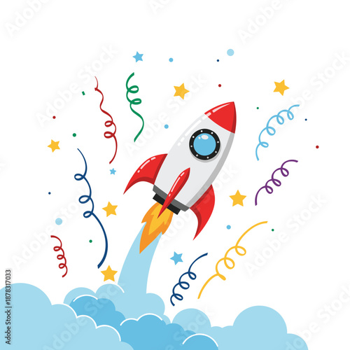 Exciting cartoon illustration of a vibrant rocket launching powerfully from fluffy clouds, surrounded by a festive burst of colorful confetti and sparkling stars.