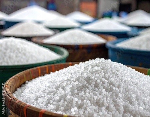Close-up of baskets overflowing with white, granular substances, slightly blurred