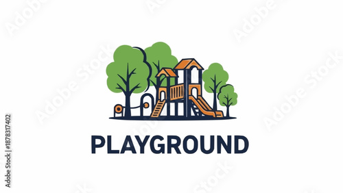 Colorful playground equipment with trees and slide for childrens fun.