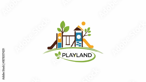 Colorful playground equipment with trees and sun logo.