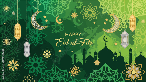 A vibrant green Eid al-Fitr celebration background