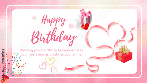 Happy Birthday lettering with balloons, confetti, cake and stars on pink background. Birthday celebration vector greeting card design. 
