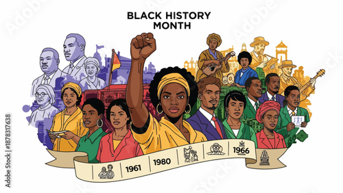 A vibrant illustration celebrating Black History Month with diverse people