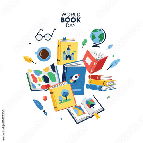 A vibrant illustration celebrating World Book Day with books and stationery