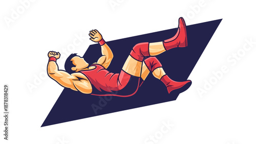 Wrestler vector celebrating victory, suitable for sports-related designs. Male wrestler in red outfit on a mat in a vector illustration.