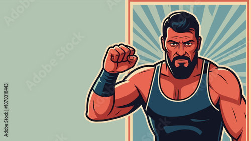 Wrestler vector illustration of strong bearded man raising fist in victory, perfect for sports events advertising posters and promotional materials.