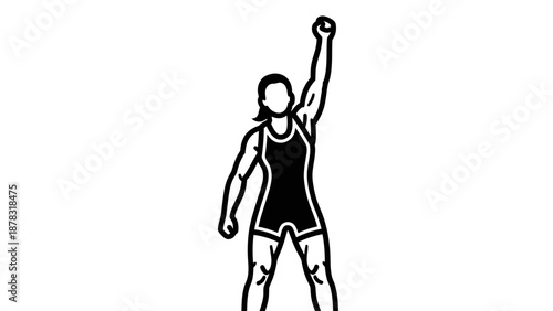 Strong female wrestler vector lifting kettlebell in victory pose, suitable for sports promotions and fitness materials. Ideal for empowering designs.