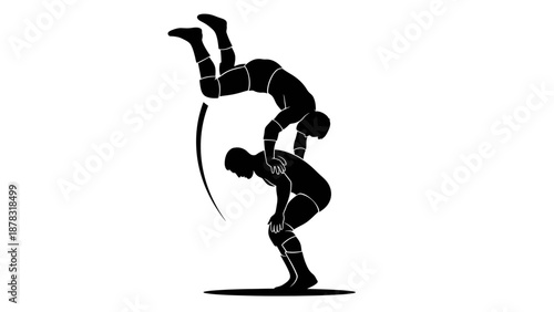 Dynamic wrestling move by two black silhouette wrestlers in vector format, suitable for sports team logos or wrestling event flyers.
