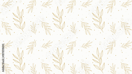 Luxury gold botanical leaves seamless pattern; Elegant golden line art foliage; Minimalist metallic aesthetic for premium packaging and branding; Repeatable vector illustration