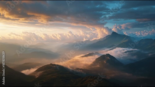 Mountain Range at Dramatic Cloudy Sunset.