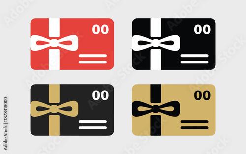 Four stylized gift cards with ribbon and bow