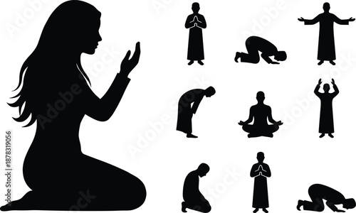Black Silhouettes of People in Prayer and Meditation Poses Depicting Spirituality, Devotion, and Mindfulness Across Cultures