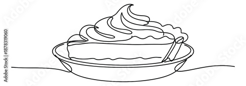 Hand drawn line art illustration of a pie slice depicting a dessert with whipped cream for sweet food concepts