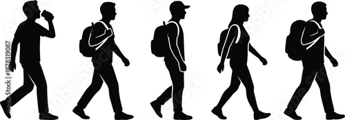 Black Silhouettes of People Walking with Backpacks Depicting Travel, Exploration, and Student or Hiker Activity