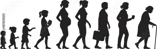 Female Life Stage Silhouette Icons Set Featuring Growth from Toddler to Elderly for Aging, Development, and Social Design