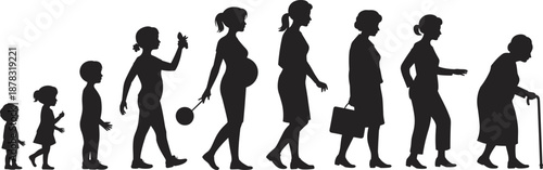 Female Life Stage Silhouette Icons Set Featuring Growth from Toddler to Elderly for Aging, Identity, and Social Design