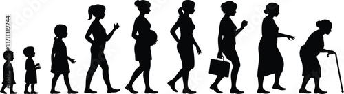 Female Life Stages Silhouette Progression from Toddler to Elderly Depicting Aging, Growth, and Human Development on White Background
