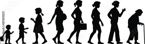 Female Life Stages Silhouette Progression from Childhood to Old Age Depicting Aging, Roles, and Human Development on White Background