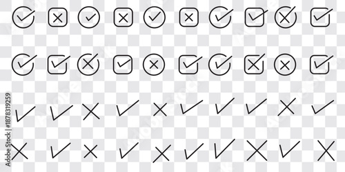Check tick mark icon set. Cross box x check mark checkbox v list vector draw hand drawn sketch doodle brush marker checklist symbol wrong right circle. Vector Illustration