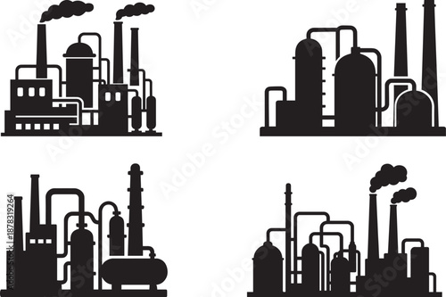 Industrial factory and chemical plant buildings set with Pipes and Towers for energy and manufacturing concepts