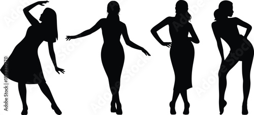 Female Silhouette Pose Icons Set Featuring Fashion and Expressive Gestures for Dance, Movement, and Character Design