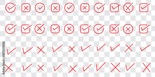 Check tick mark icon set. Cross box x check mark checkbox v list vector draw hand drawn sketch doodle brush marker checklist symbol wrong right circle. Vector Illustration
