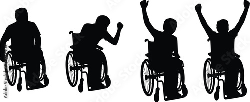 Wheelchair Silhouette Progression Showing Empowerment and Triumph Through Raised Arms in Disability Advocacy and Personal Achievement Concept