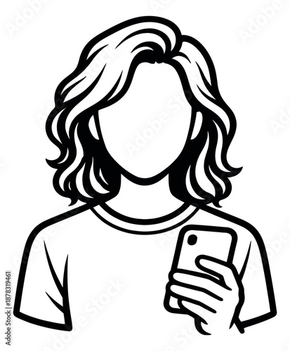 Line art illustration of a woman depicting holding a smartphone for a user profile