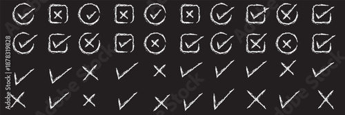 Doodle hand drawn chalk check mark set. sketch check boxes, tick and cross symbols. tick cross signs. Crayon grunge check mark elements. isolated on white background, vector illustration.