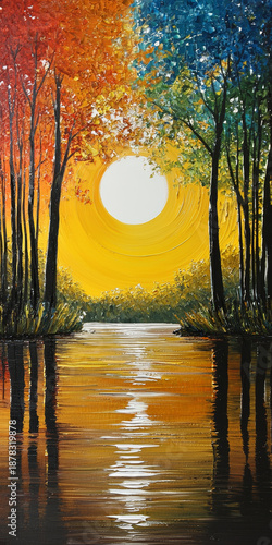 Colorful Forest Reflection with White Sun
