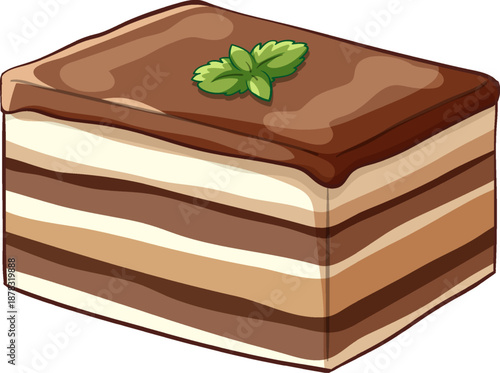 Delicious Layered Tiramisu Cake Slice with Chocolate Topping and Mint Leaf