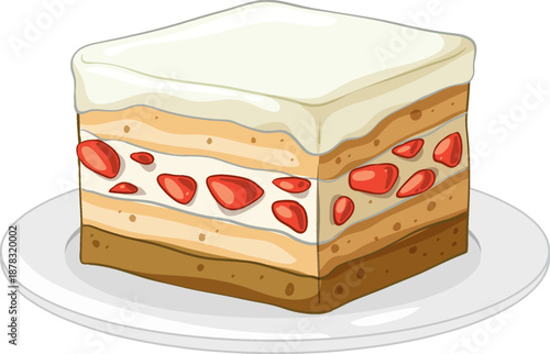 Layered Strawberry Cream Cake Slice on a White Plate Vector Illustration