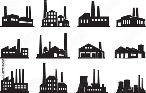 Industrial factory building silhouette set with power plant warehouse and manufacturing icons
