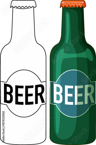 Green Glass Beer Bottle Vector Illustration with Line Art Version