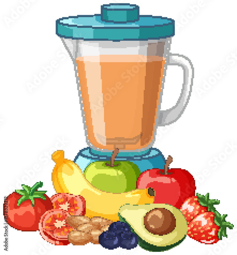 Vector Illustration of a Blender with Fresh Fruits and Vegetables