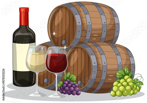 Vector Illustration of Wine Bottle Glasses Grapes and Wooden Barrels