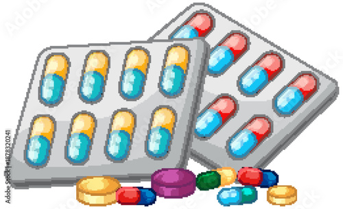Medical Blister Packs with Assorted Colorful Pills and Capsules Illustration