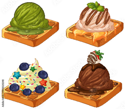 Assorted Belgian Waffles with Ice Cream and Sweet Toppings Vector Set