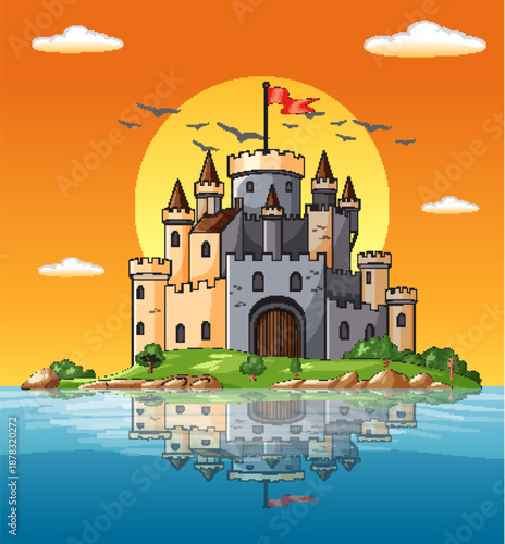 Medieval Castle on Island at Sunset with Reflection