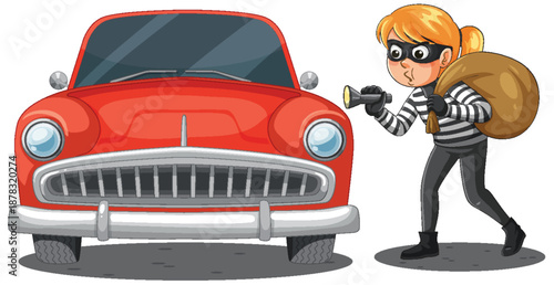 Cartoon Thief Sneaking Near Red Vintage Car
