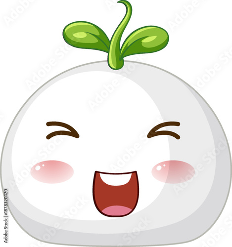 Cute White Mochi Character with Green Sprout and Happy Expression